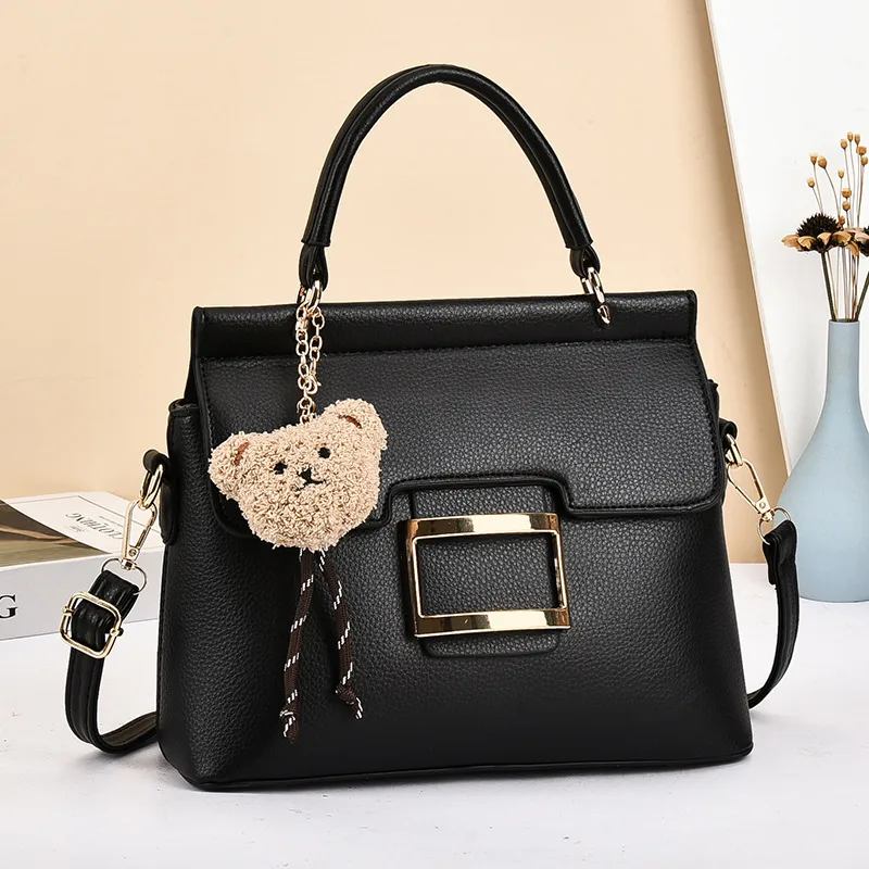 Little Bear Square PU Leather Handbag For Women With Metal Button And Top Handle Main image