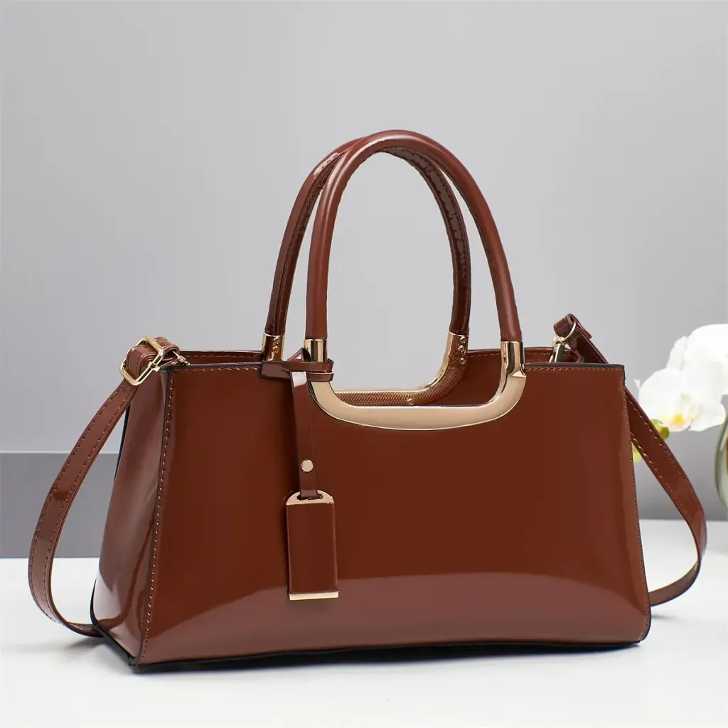 Women’s Square Patent Leather Handbag With Sewing Thread Detail, Top Handle And Large Capacity