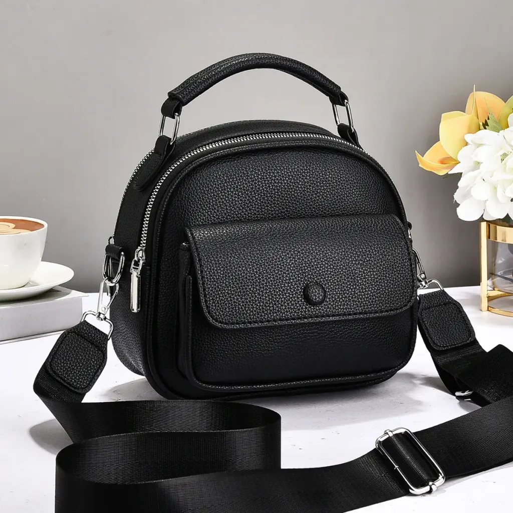 Round PU Leather Handbag For Women Featuring Sewing Thread Design With Top Handle