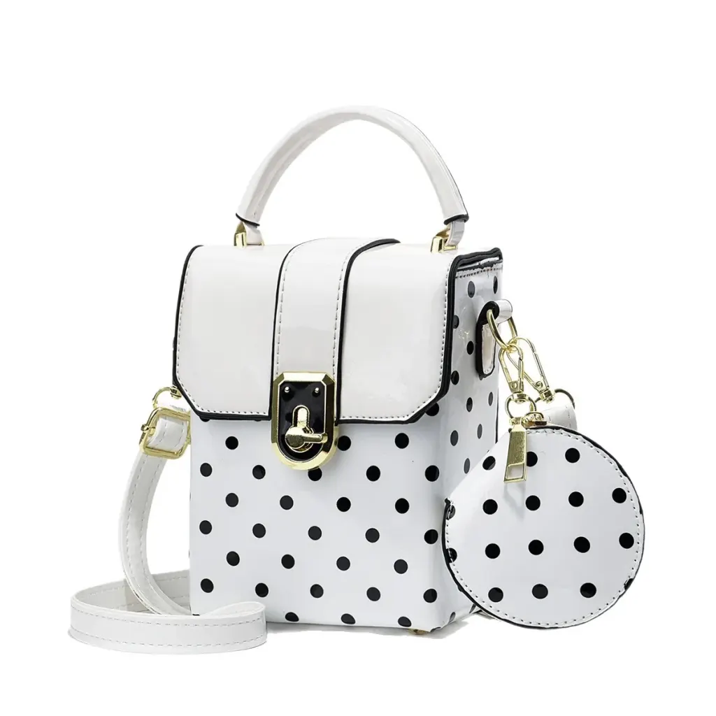 Polka Dots Square PU Leather Bag Set Featuring Sewing Thread With Top Handle