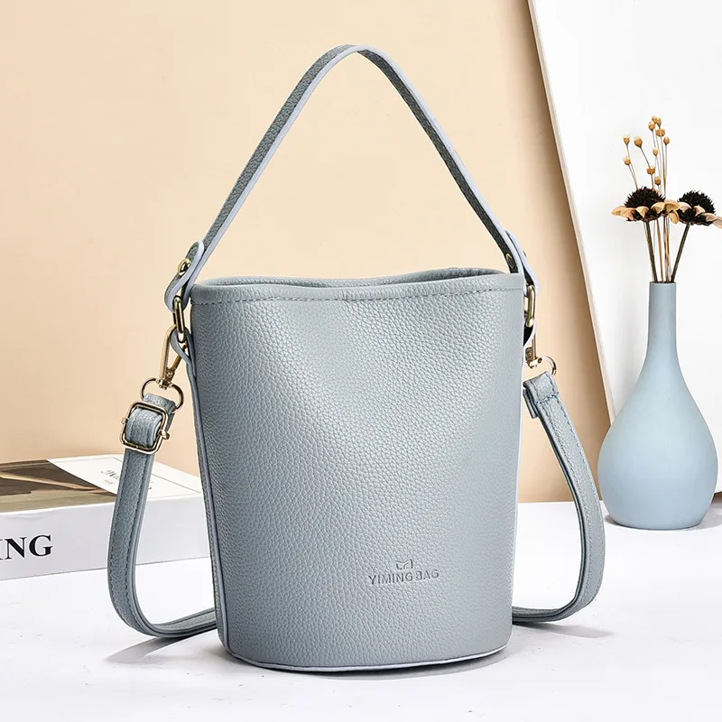 Women's PU Leather Bucket Bag Featuring Sewing Thread Details In Solid Color