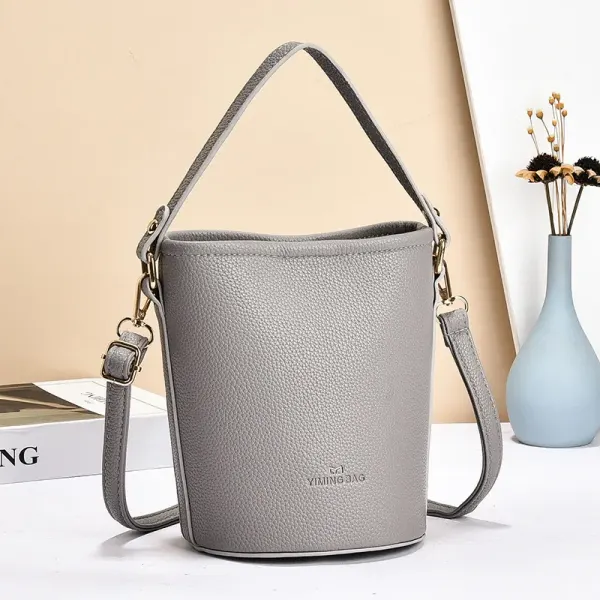 Women's PU Leather Bucket Bag Featuring Sewing Thread Details In Solid Color