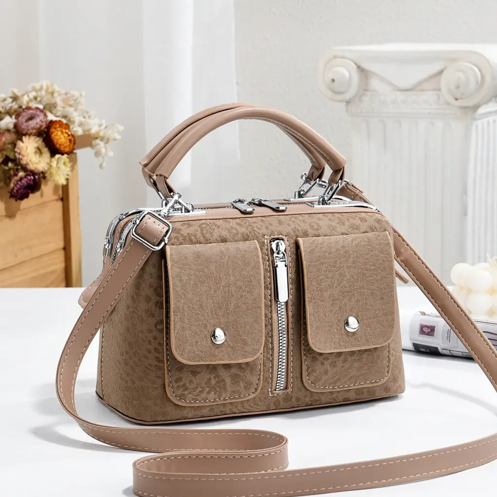 Leopard Print Boston Bag In PU Leather With Sewing Thread Detail, Featuring A Top Handle For Women