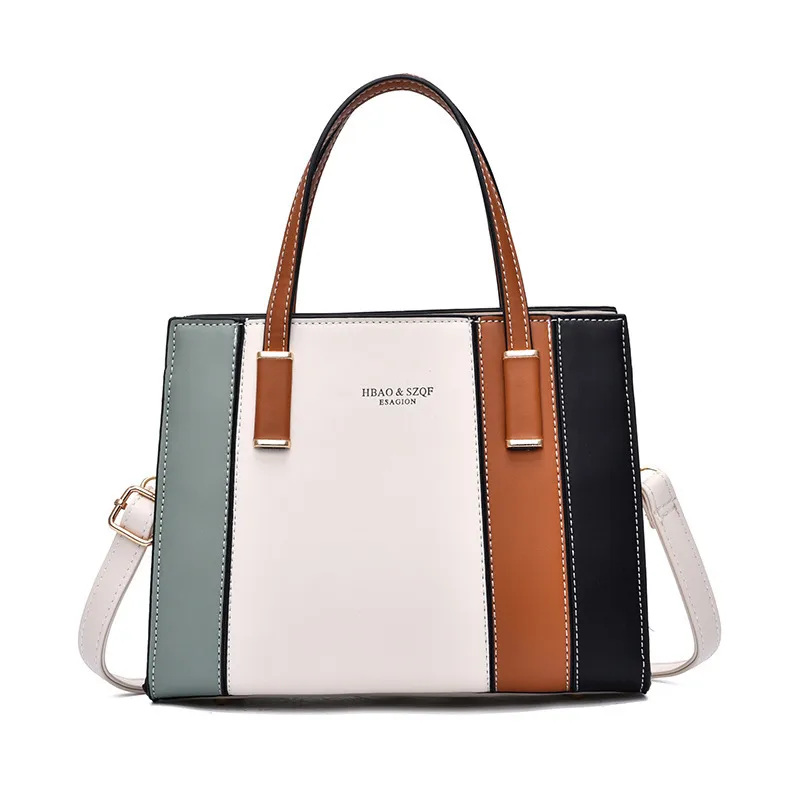 Elegant Large PU Leather Color Block Handbag For Women With Drawstring Buckle Closure