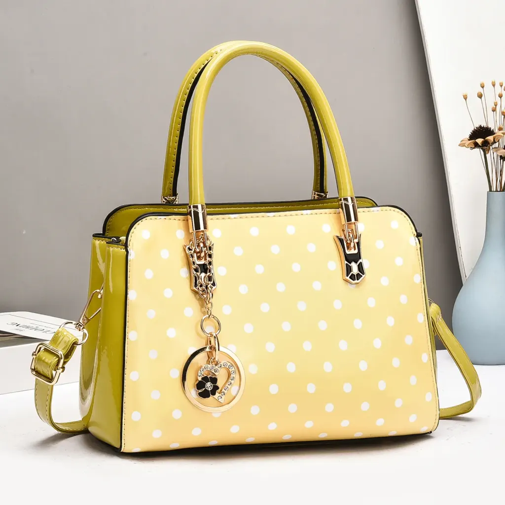 Women’s Patent Leather Boston Bag With Polka Dots And Square Shape Featuring Sewing Thread