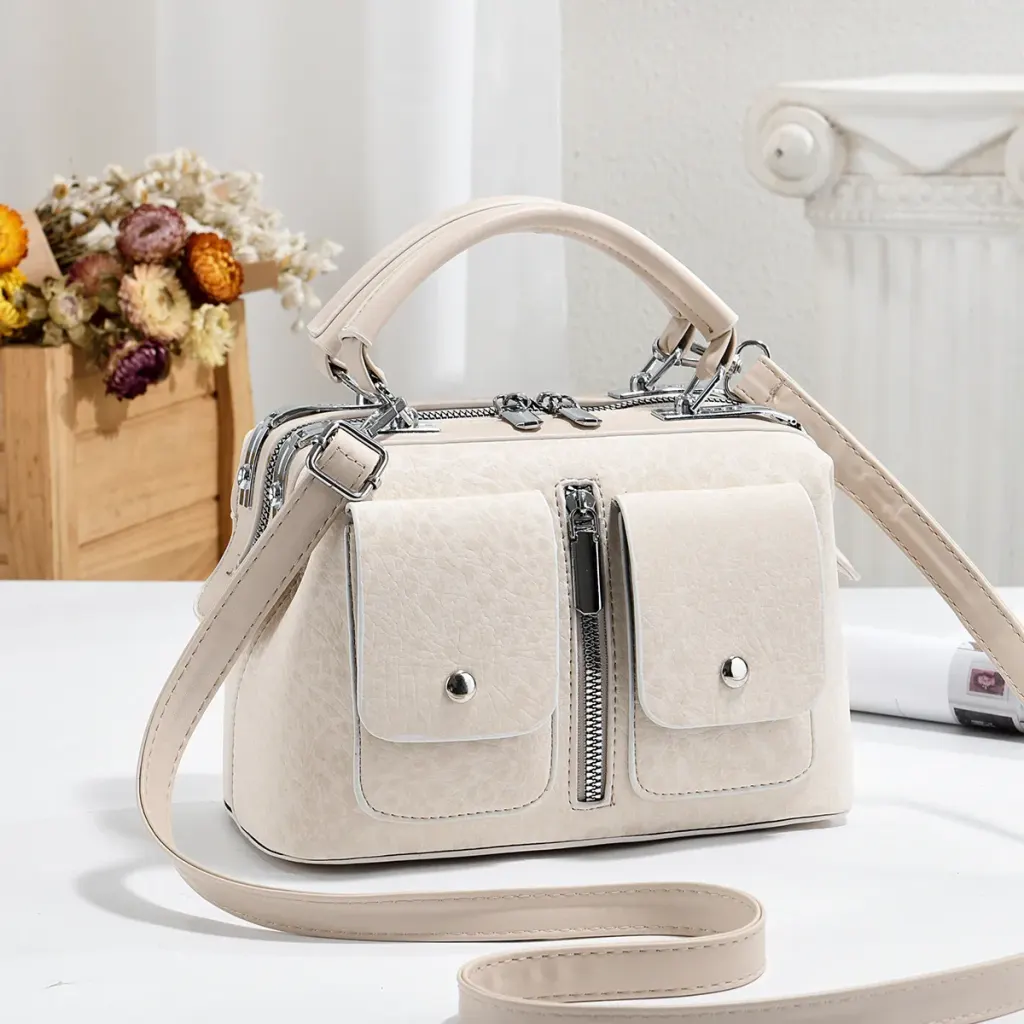 Leopard Print Boston Bag In PU Leather With Sewing Thread Detail, Featuring A Top Handle For Women