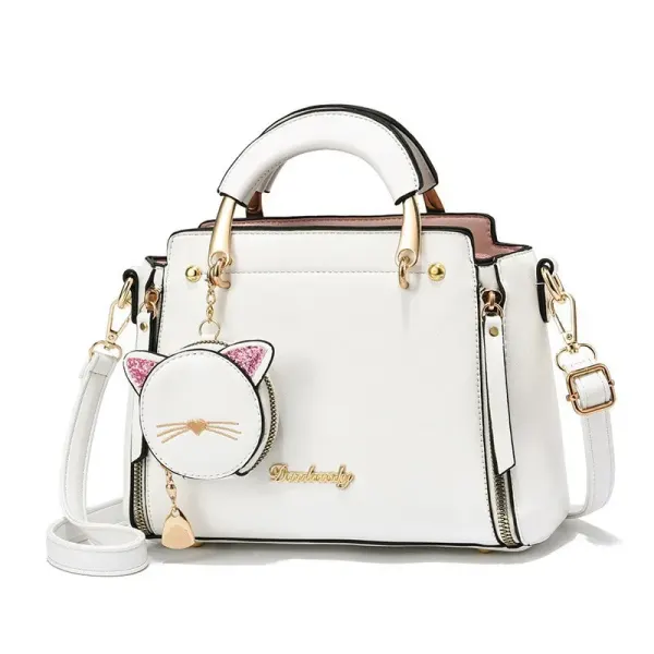 Women’s PU Leather Cat Handbag With Square Shape And Sewing Thread Detail, Featuring Top Handle Design