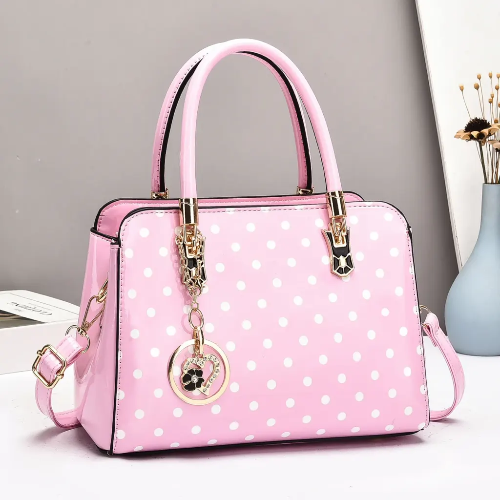 Women’s Patent Leather Boston Bag With Polka Dots And Square Shape Featuring Sewing Thread