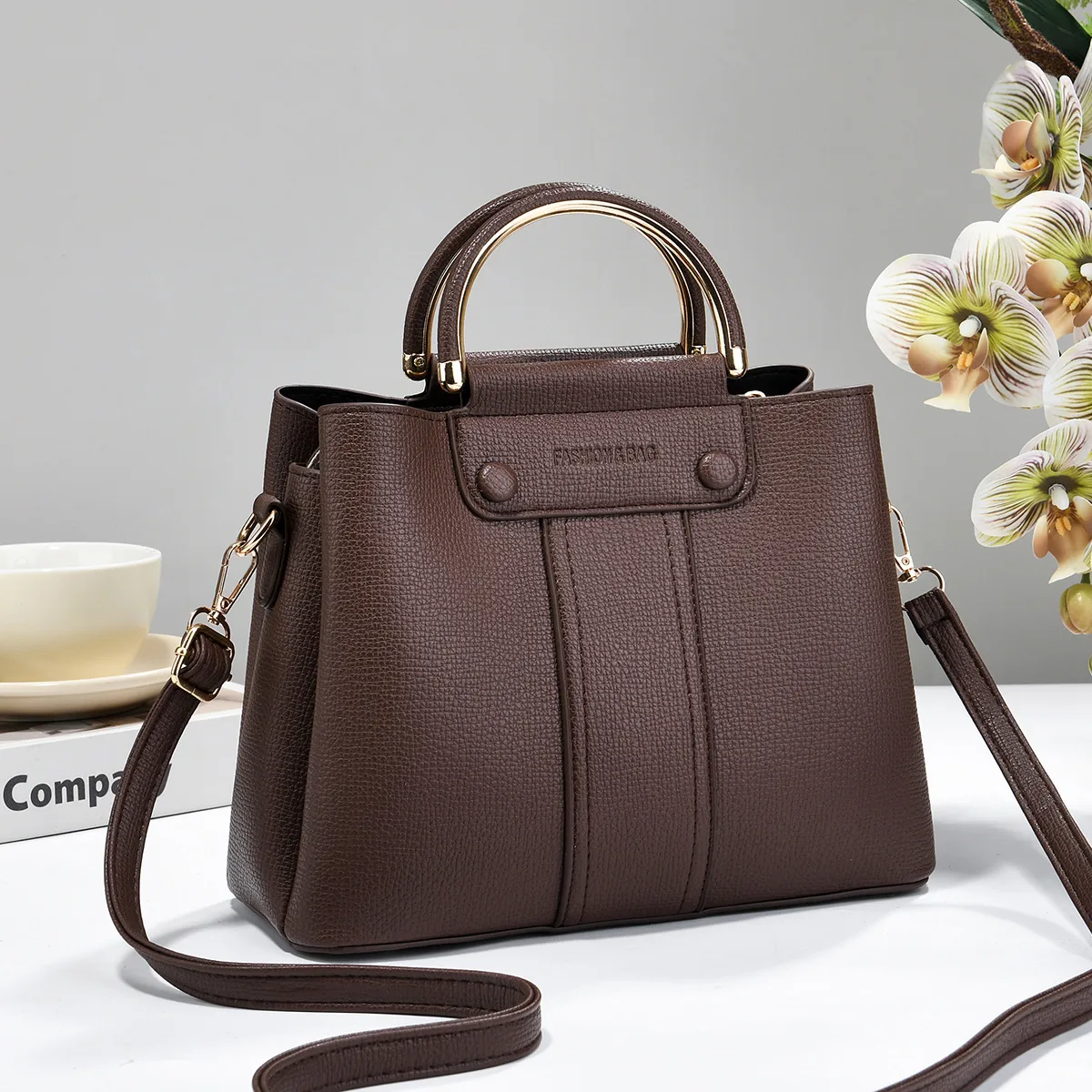 PU Leather Bucket Bag With Sewing Thread Detail, Large Capacity, Featuring Top Handle Design