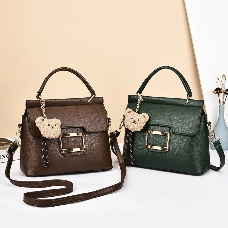 Little Bear Square PU Leather Handbag For Women With Metal Button And Top Handle