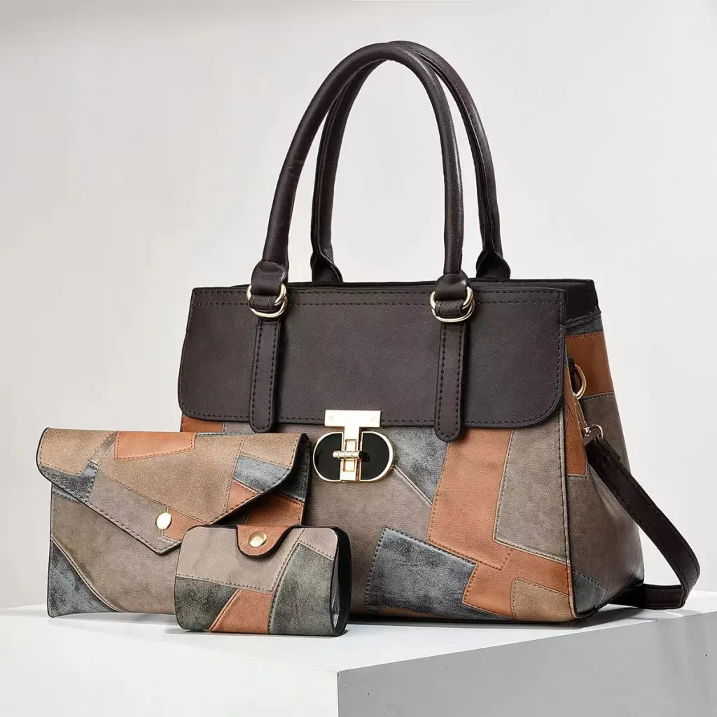 Women’s Color Block Square PU Leather Bag Set With Top Handle, Featuring Large Capacity
