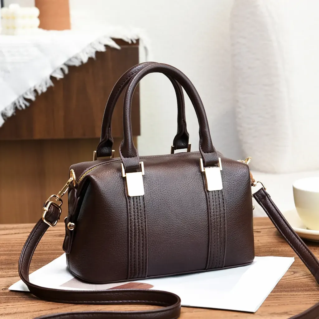 Women’s Square Boston Bag In PU Leather With Sewing Thread Detail, Top Handle