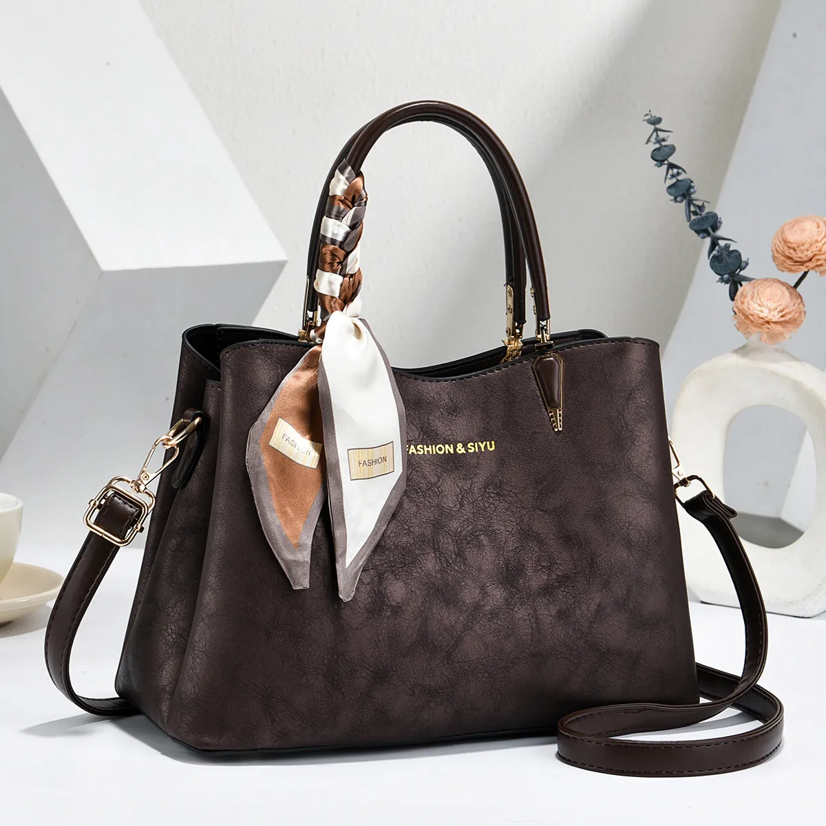 Women’s Square PU Leather Tote Bag With Sewing Thread Detail, Top Handle Main image