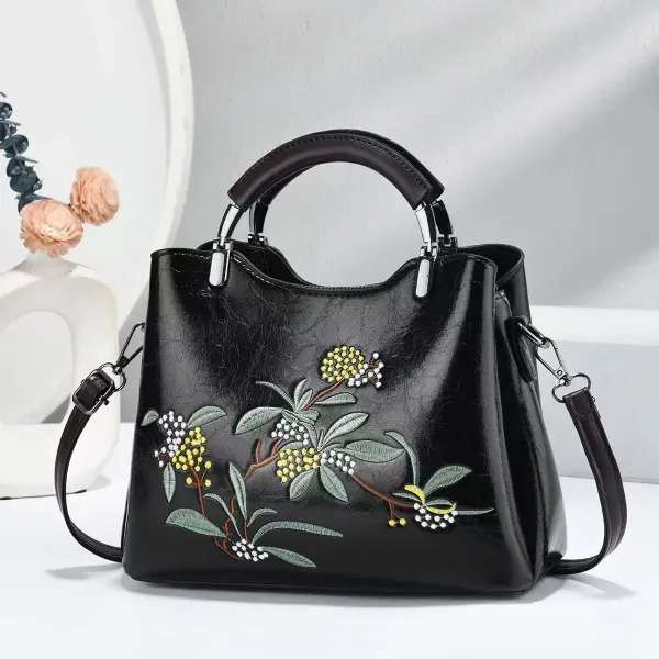 Women’s Square PU Leather Handbag With Embroidered Flowers Featuring Top Handle