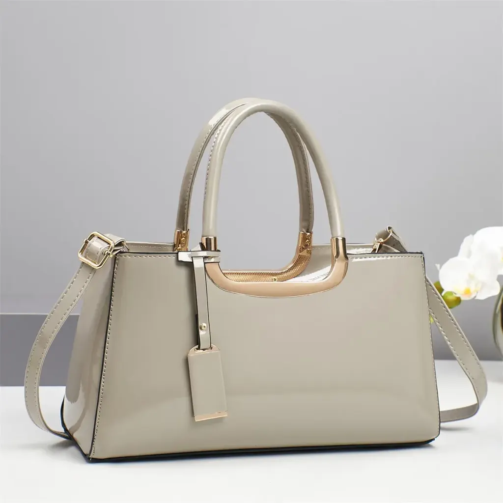 Women’s Square Patent Leather Handbag With Sewing Thread Detail, Top Handle And Large Capacity
