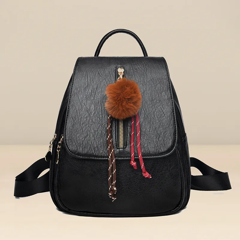 Fuzzy Ball Women's Backpack In Wear-Resistant PU Material, 14 Inch Size, Multicolor Design
