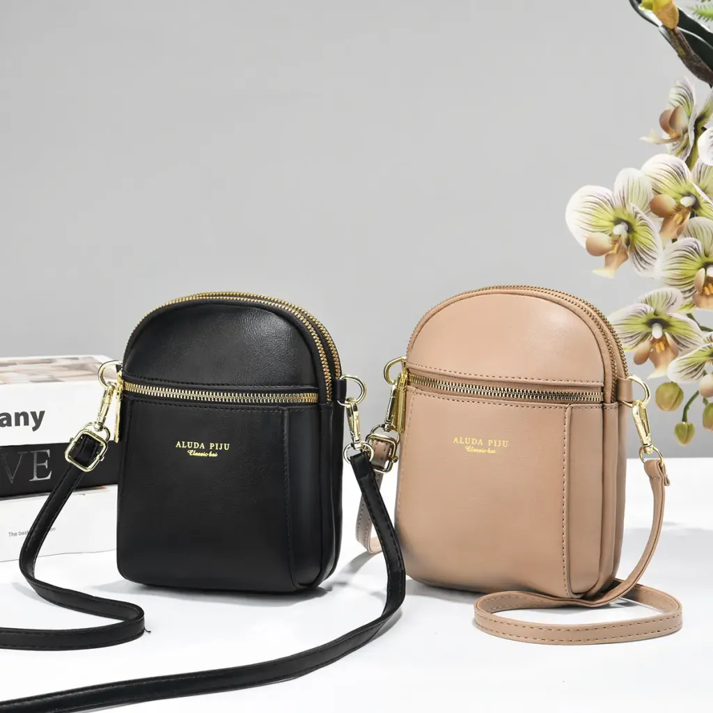 Solid Color Square PU Leather Phone Wallet For Women With Sewing Thread Detail And Single Shoulder Strap