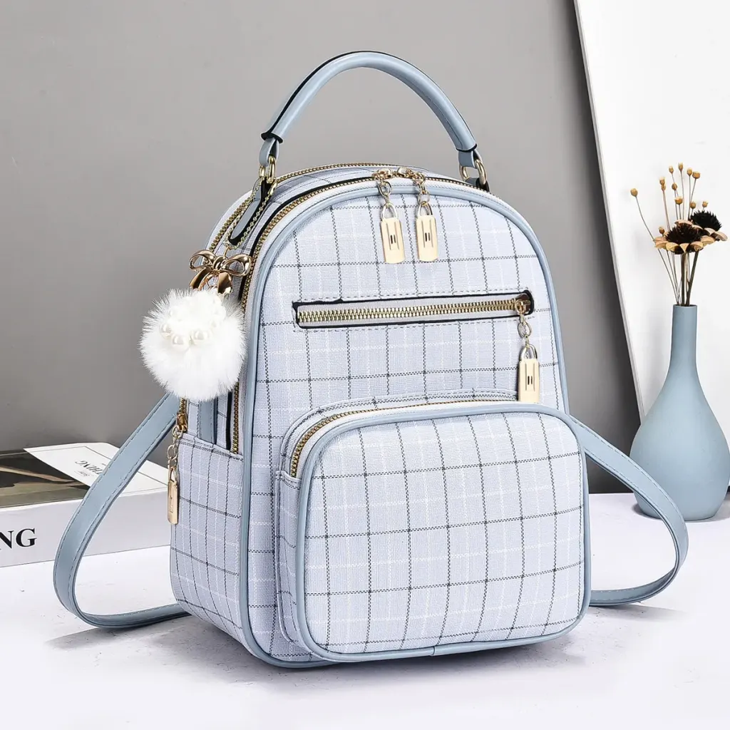 Plaid Women's Backpack With Wear-Resistant Design, Featuring Fluff Ball Detail, Made Of PU