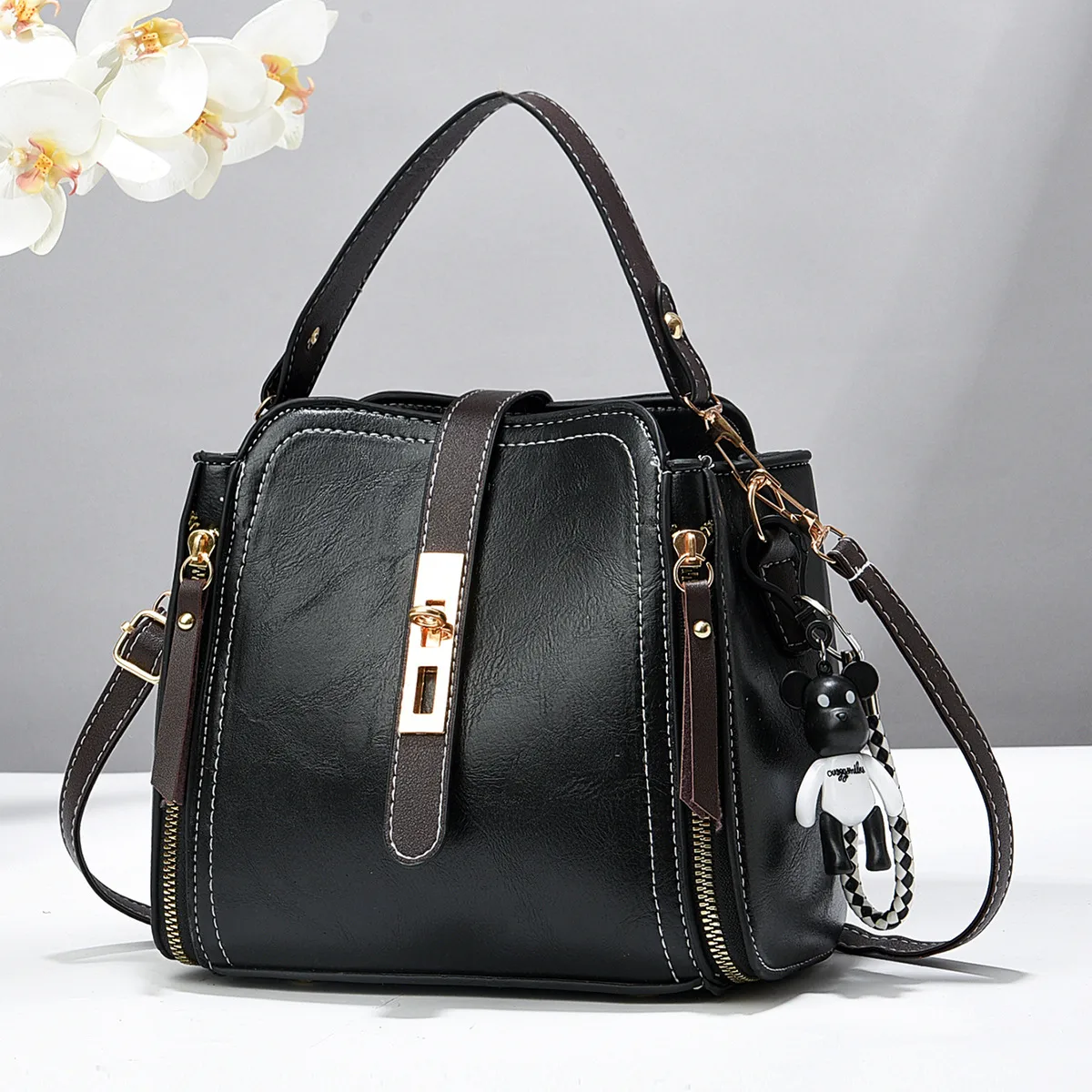 Women PU Leather Bucket Bag With Printing Pattern, Sling Strap Main image