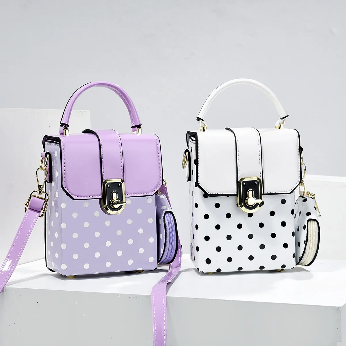 Polka Dots Square PU Leather Bag Set Featuring Sewing Thread With Top Handle
