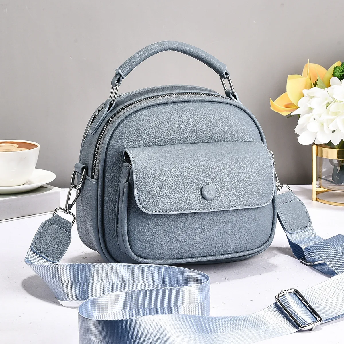 Round PU Leather Handbag For Women Featuring Sewing Thread Design With Top Handle Main image