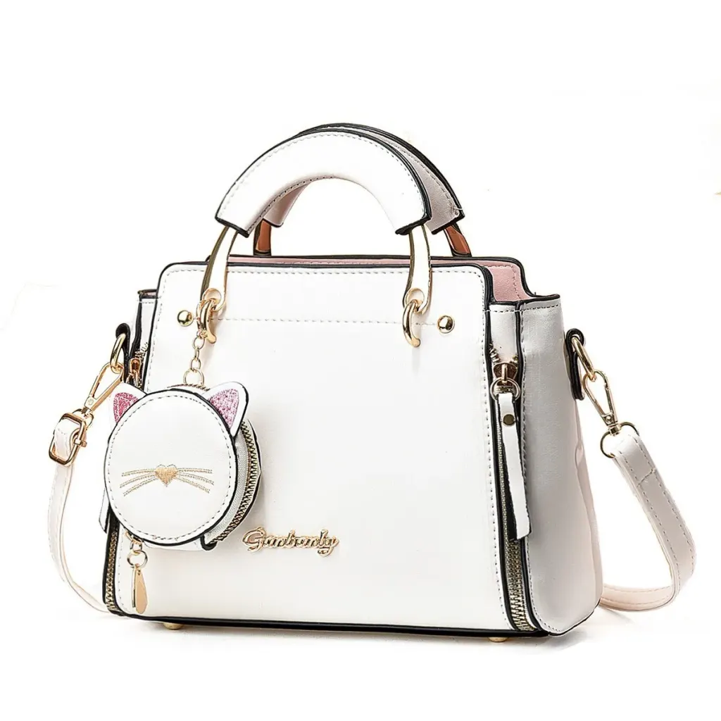 Women’s PU Leather Cat Handbag With Square Shape And Sewing Thread Detail, Featuring Top Handle Design