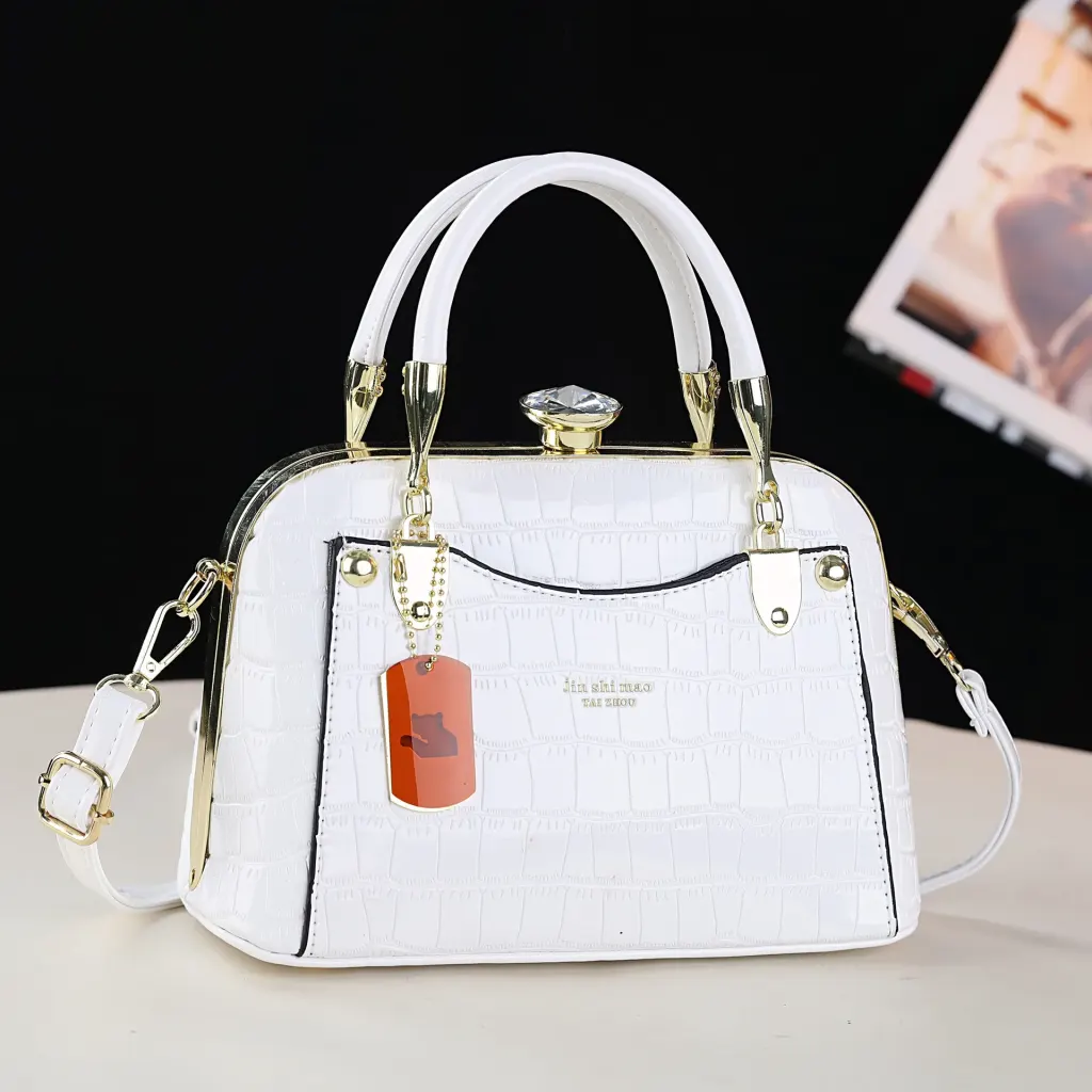 Crocodile Pattern PU Leather Dome Bag With Shell Shape And Sewing Thread Detail, Featuring Large Capacity And Top Handle