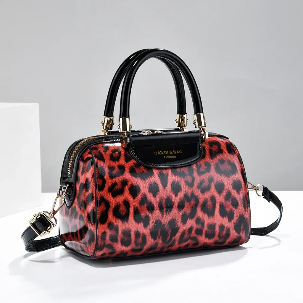 Leopard Print Pillow Shape Bag For Women In PU Leather With Sewing Thread Detail, Featuring Top Handle Design