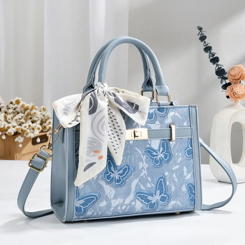 Women PU Leather Square Handbag With Sewing Thread Detail, Printed Design