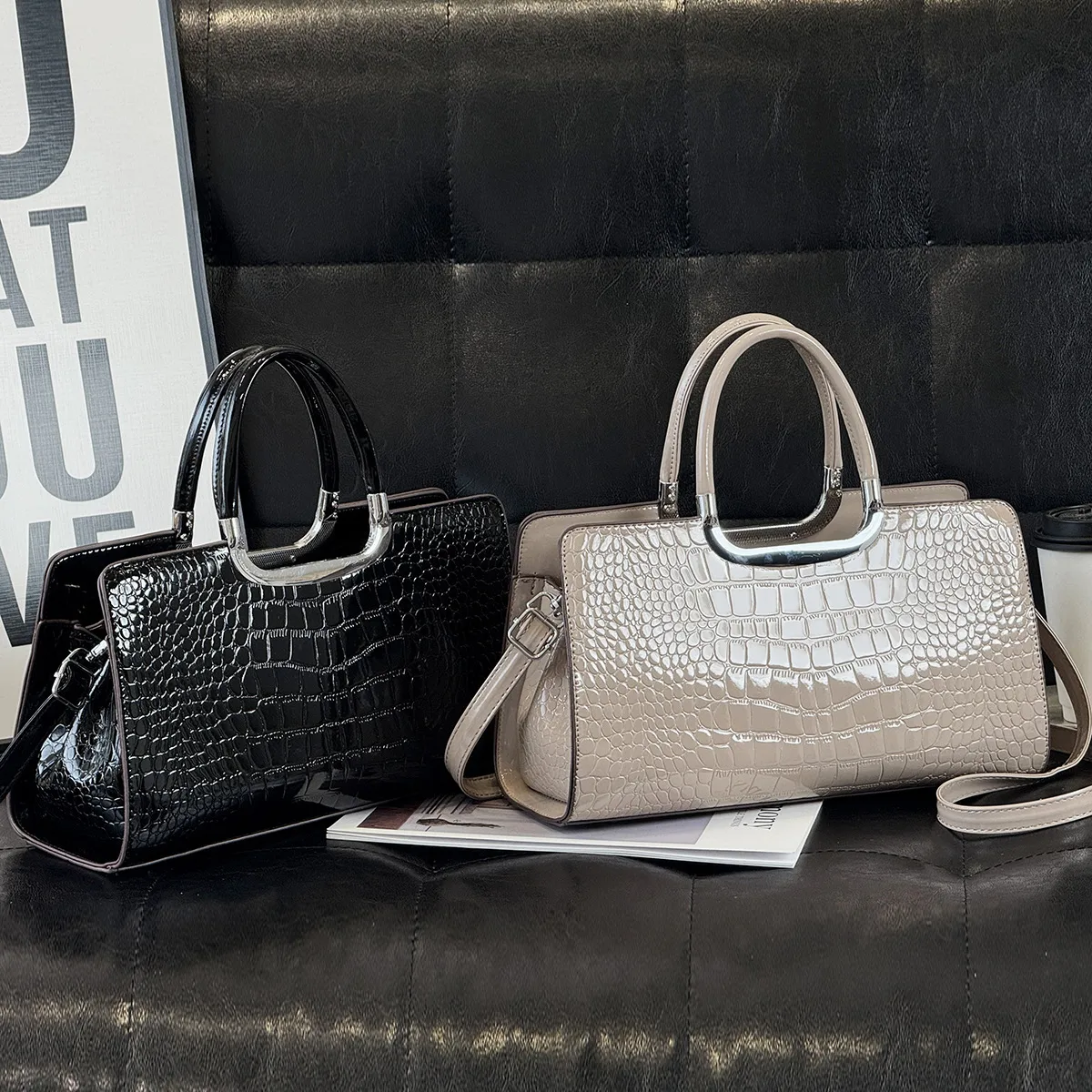 Women’s Crocodile Pattern Square Shoulder Bag In PU Leather With Sewing Thread Detail And Single Shoulder Strap