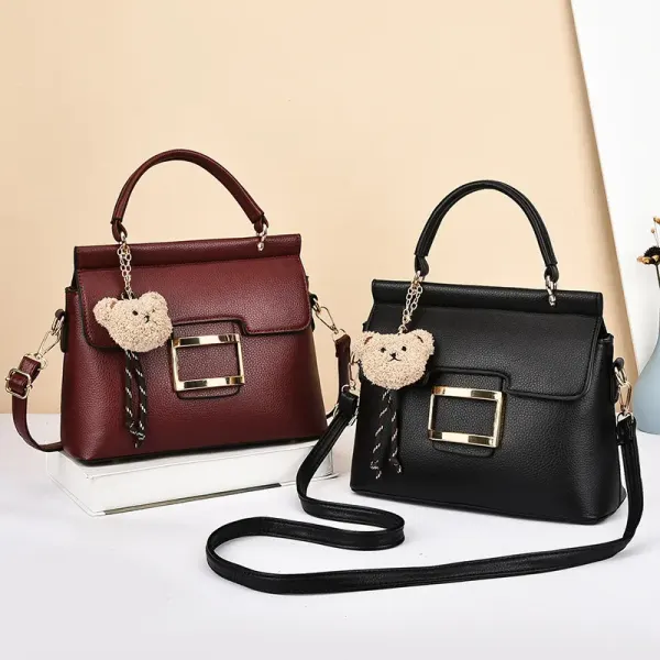 Little Bear Square PU Leather Handbag For Women With Metal Button And Top Handle