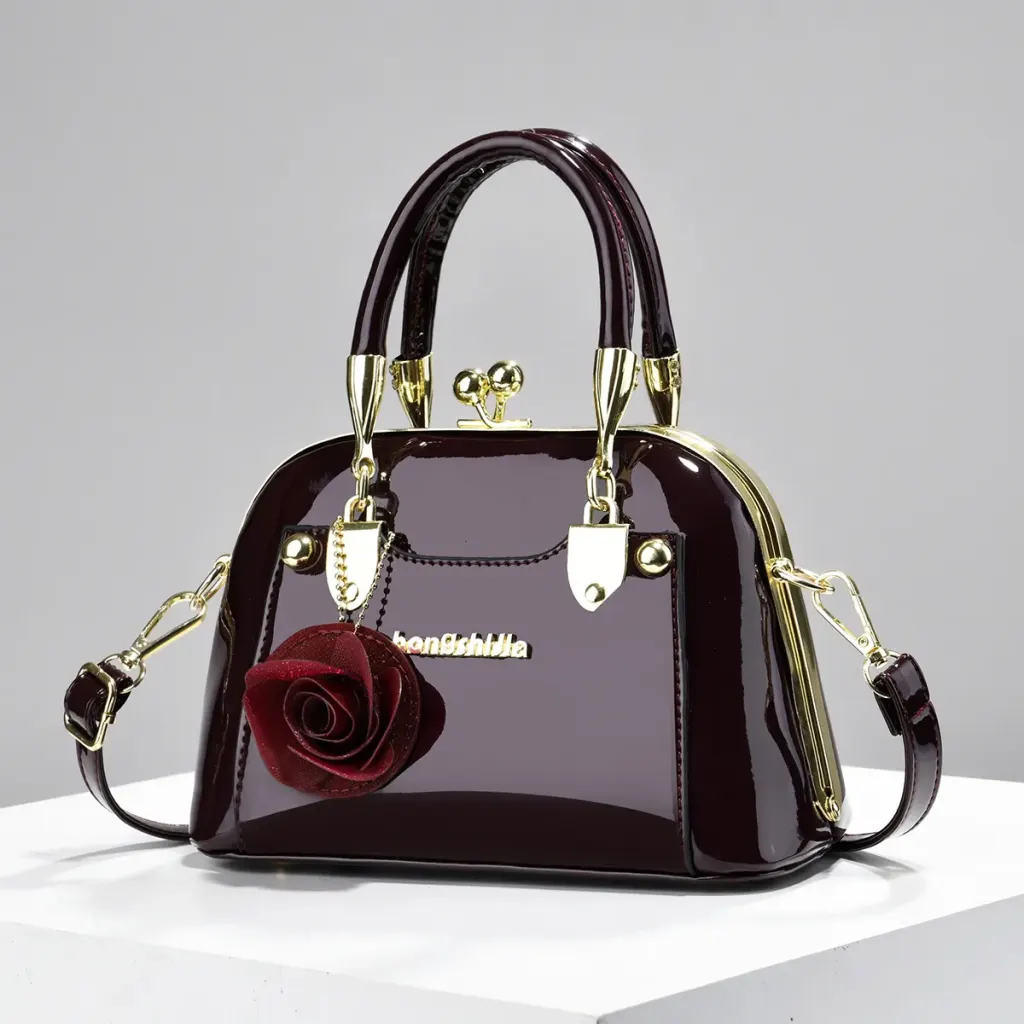 Women’s Dome Bag In Patent Leather With Shell Shape And Sewing Thread Detail, Top Handle, For 2026 Spring And Summer