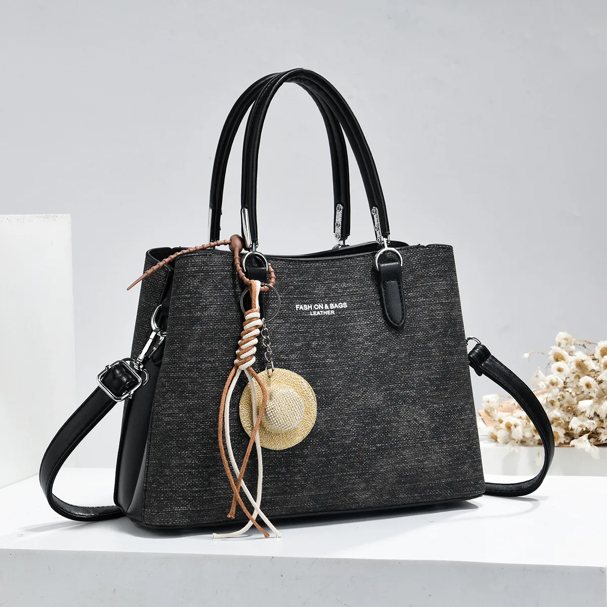 Splicing Square PU Leather Tote Bag For Women With Sewing Thread Design, Top Handle And Large Capacity Main image