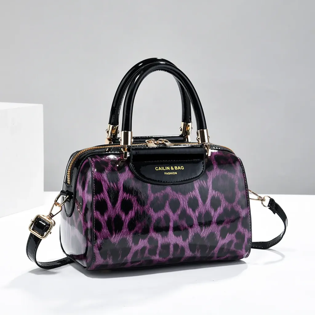 Leopard Print Pillow Shape Bag For Women In PU Leather With Sewing Thread Detail, Featuring Top Handle Design