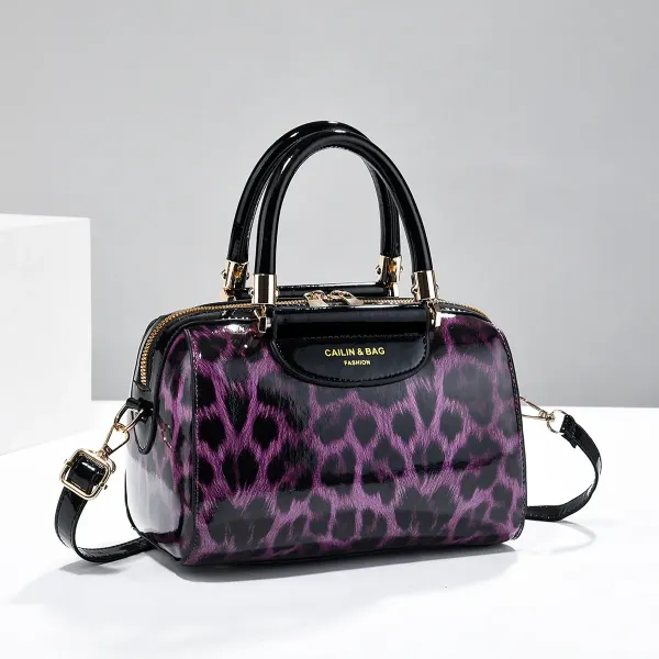 Leopard Print Pillow Shape Bag For Women In PU Leather With Sewing Thread Detail, Featuring Top Handle Design