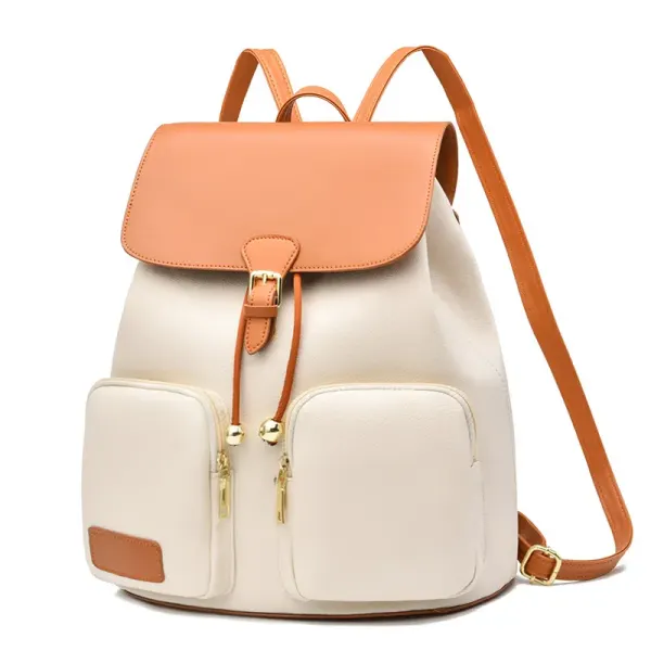 Color Block School Backpack For Women In PU Material With Stylish Sewing Thread Detail