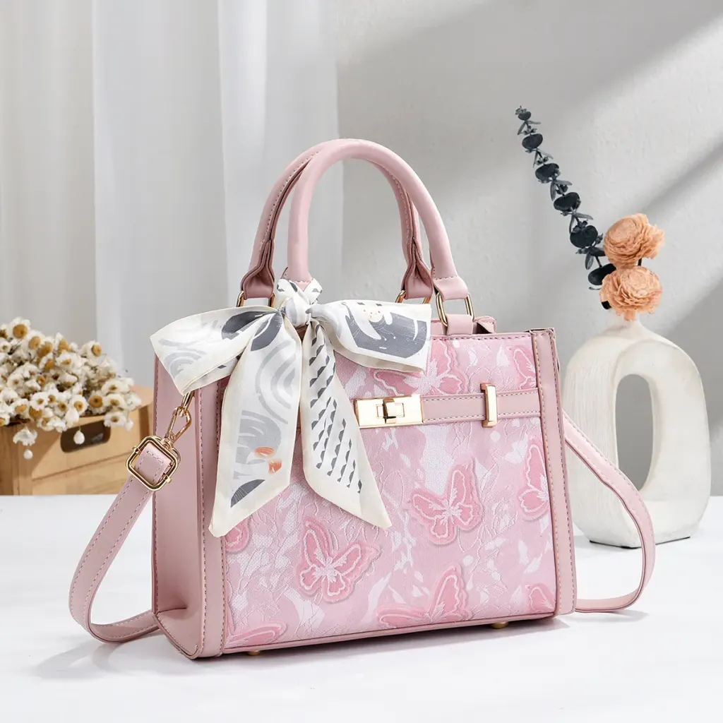 Women PU Leather Square Handbag With Sewing Thread Detail, Printed Design