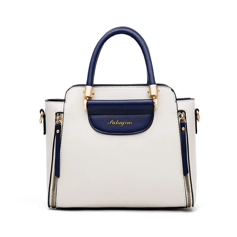 Large Color Block Top Handle Bag For Women In Pu Leather With Zipper Closure, Featuring Retro European And American Style