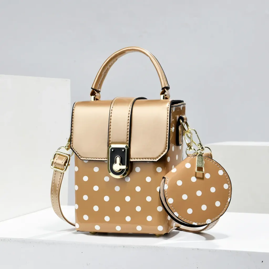 Polka Dots Square PU Leather Bag Set Featuring Sewing Thread With Top Handle