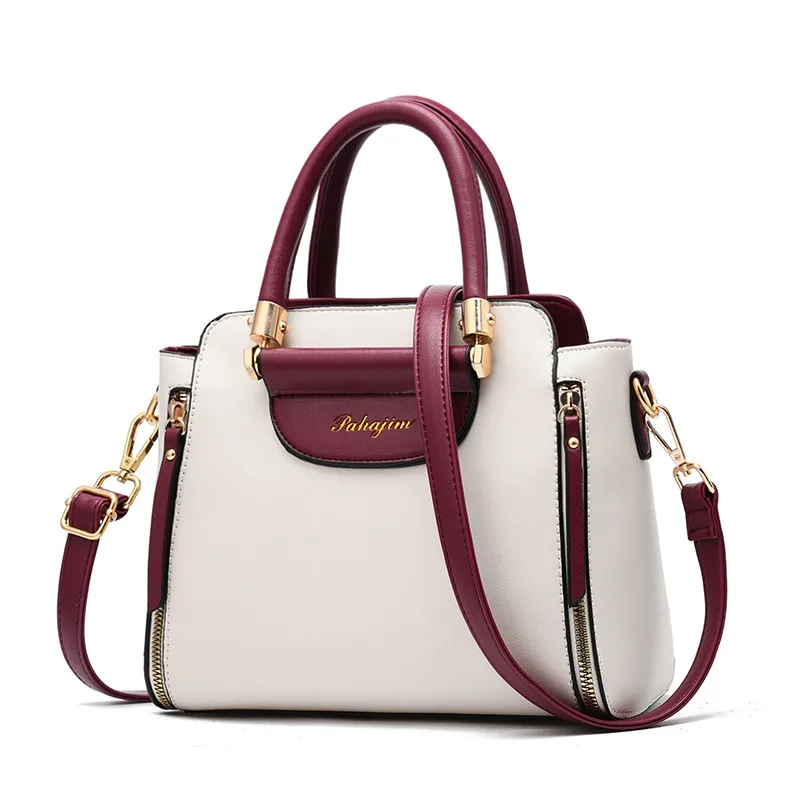 Large Color Block Top Handle Bag For Women In Pu Leather With Zipper Closure, Featuring Retro European And American Style