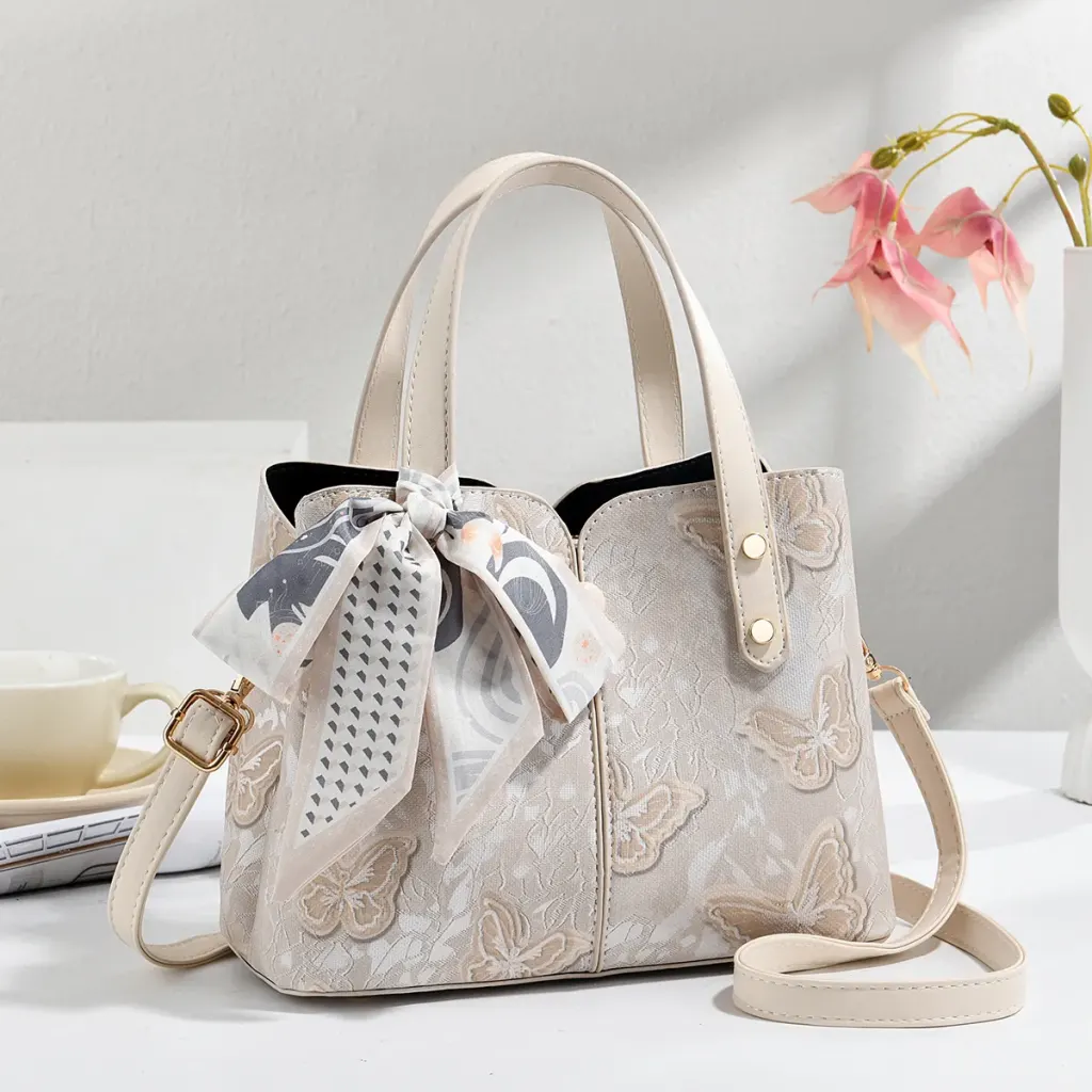 Butterfly Square PU Leather Tote Bag With Sewing Thread Detail, Top Handle Design For Spring And Summer