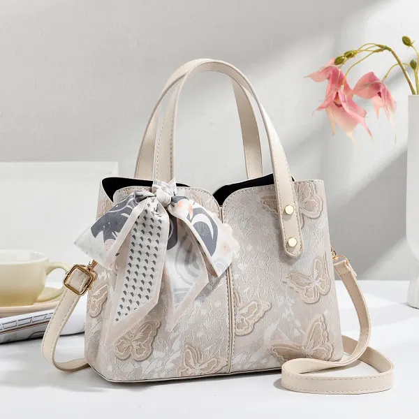 Butterfly Square PU Leather Tote Bag With Sewing Thread Detail, Top Handle Design For Spring And Summer