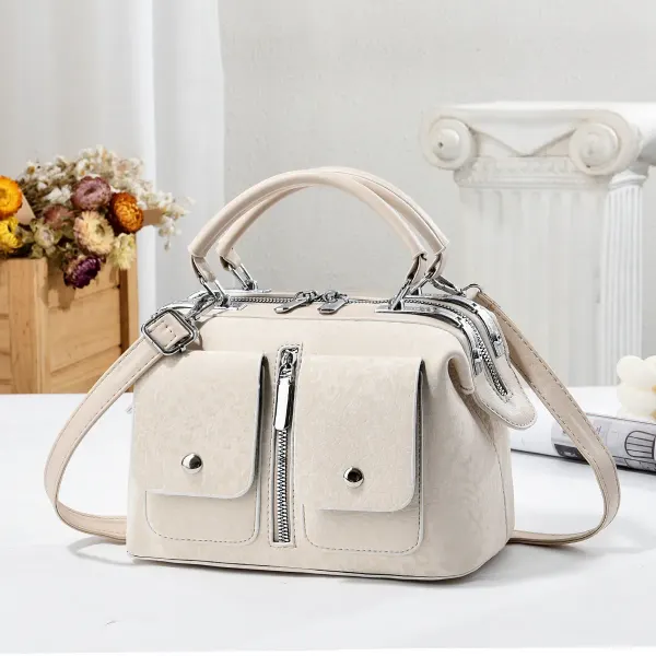 Leopard Print Boston Bag In PU Leather With Sewing Thread Detail, Featuring A Top Handle For Women