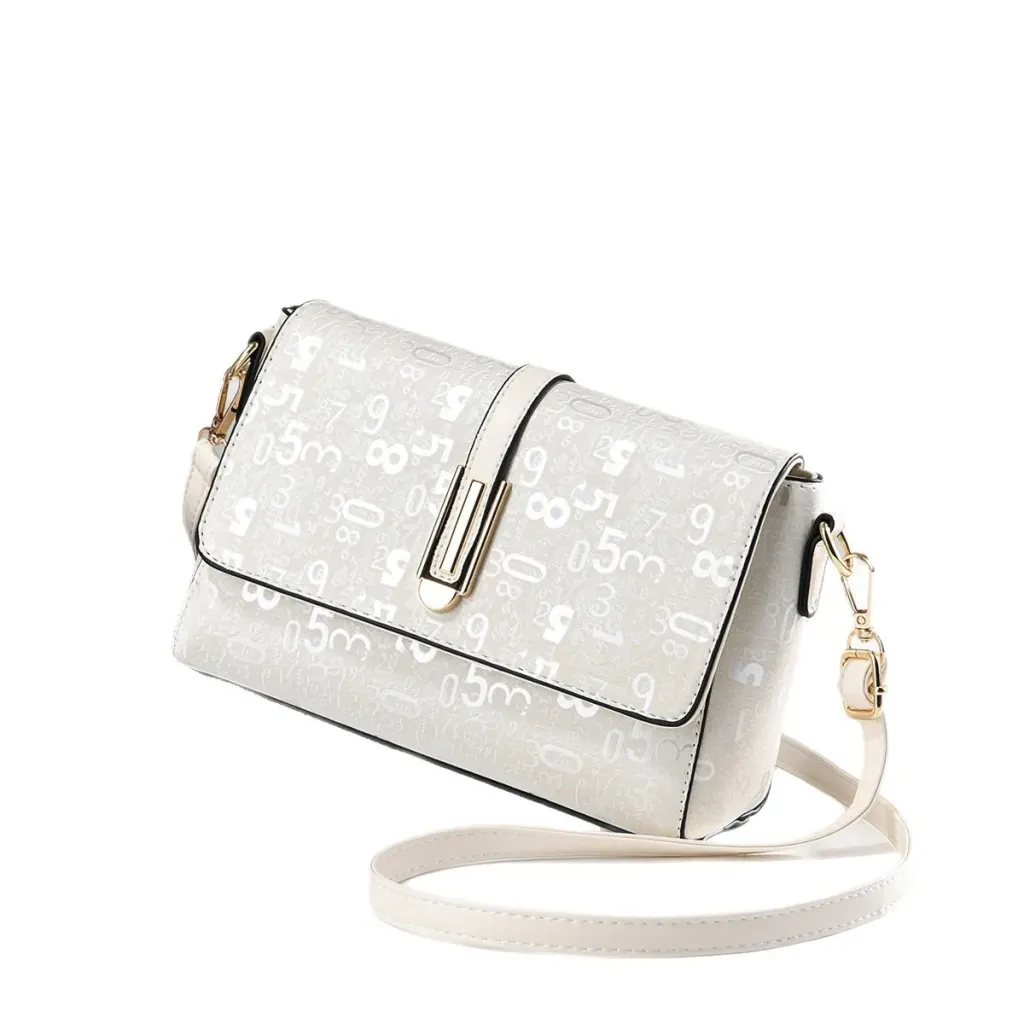 Square PU Leather Number Pattern Bag With Sewing Thread Detail, Single Shoulder Strap