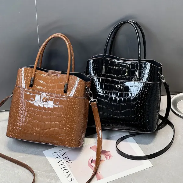 Women’s Crocodile Pattern Square PU Leather Tote Bag With Top Handle, Large Capacity Bucket Bag