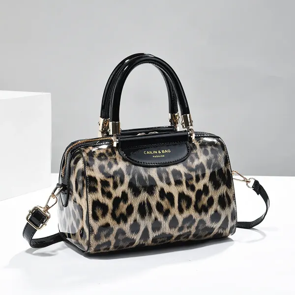 Leopard Print Pillow Shape Bag For Women In PU Leather With Sewing Thread Detail, Featuring Top Handle Design