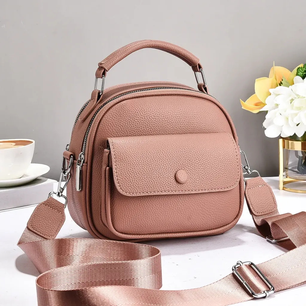 Round PU Leather Handbag For Women Featuring Sewing Thread Design With Top Handle