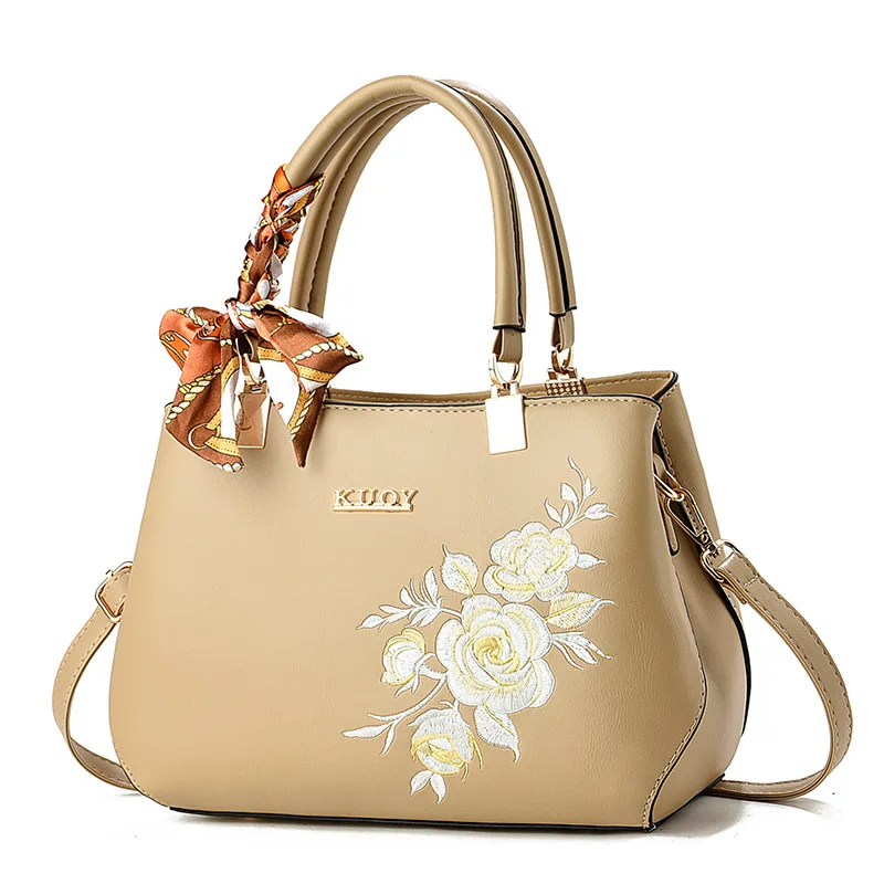 Women’s Square PU Leather Handbag With Embroidered Flowers, Featuring Top Handle For Elegant Style