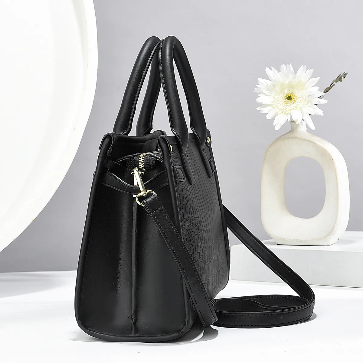 Medium Square PU Shoulder Bag With Zipper Closure And Double Shoulder Straps, Polyester Lining Ladies Handbag