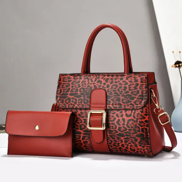 Leopard Print Square PU Leather Bag Set Featuring Sewing Thread Detail With Top Handle
